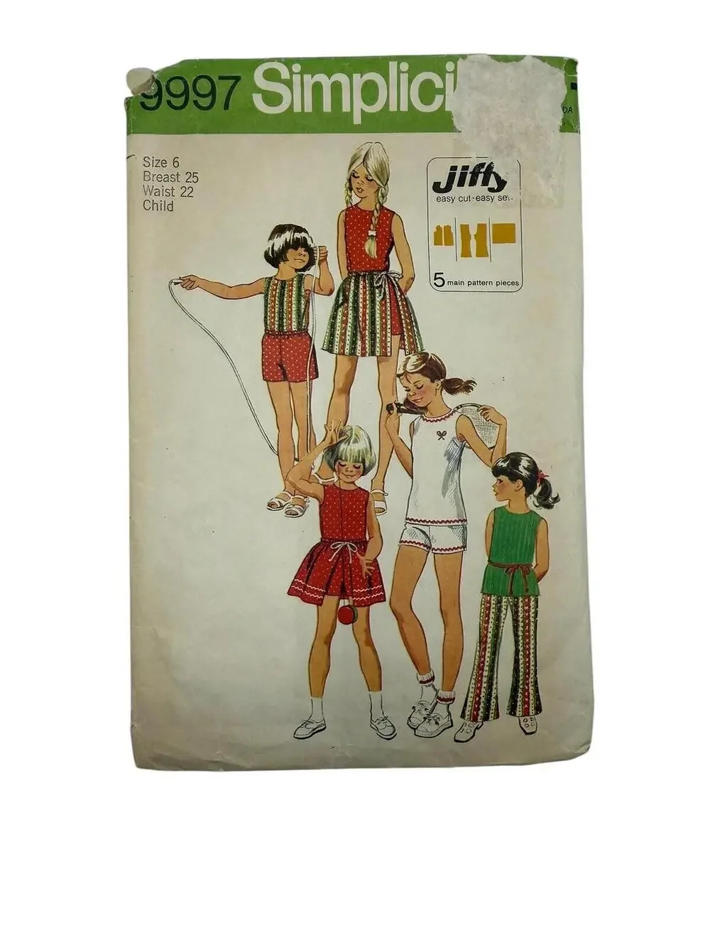 Vintage 1970s Pattern, Childs Jiffy Sorts and Bellbottoms, Sz 6, Simplicity 9997